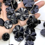 Black Onyx 10.5-29mm Carved Flower Shape AAA Grade Gemstone Beads Lot - Total 7 Strands of 4-11 Inch.