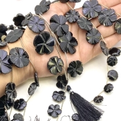Black Onyx 10.5-29mm Carved Flower Shape AAA Grade Gemstone Beads Lot - Total 7 Strands of 4-11 Inch.