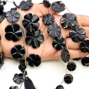 Black Onyx 10.5-29mm Carved Flower Shape AAA Grade Gemstone Beads Lot - Total 7 Strands of 4-11 Inch.