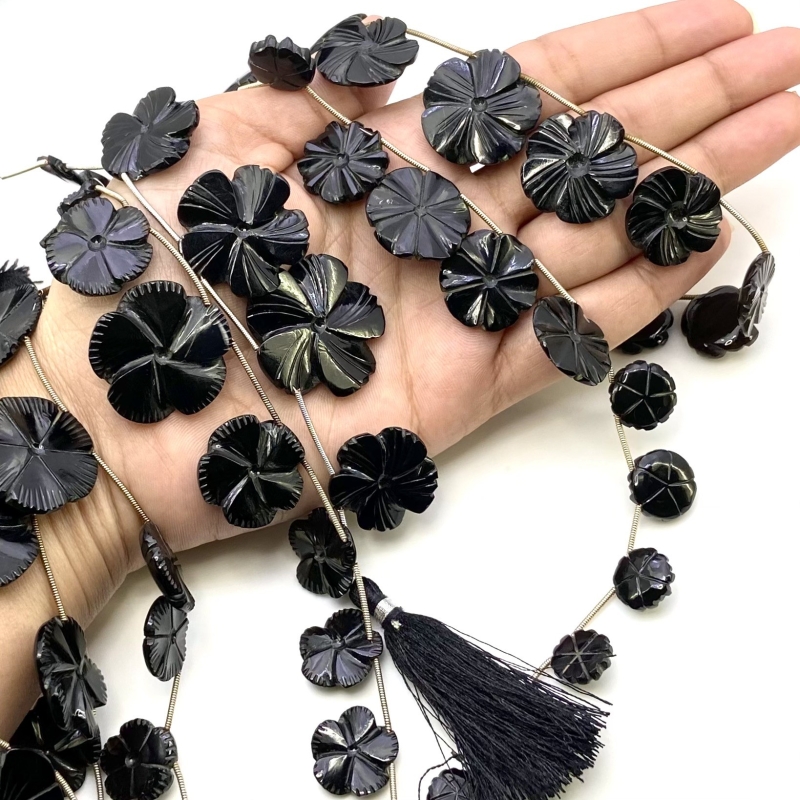 Black Onyx 10.5-29mm Carved Flower Shape AAA Grade Gemstone Beads Lot - Total 7 Strands of 4-11 Inch.
