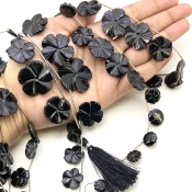 Black Onyx 10.5-29mm Carved Flower Shape AAA Grade Gemstone Beads Lot - Total 7 Strands of 4-11 Inch.