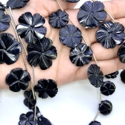 Black Onyx 10.5-29mm Carved Flower Shape AAA Grade Gemstone Beads Lot - Total 7 Strands of 4-11 Inch.