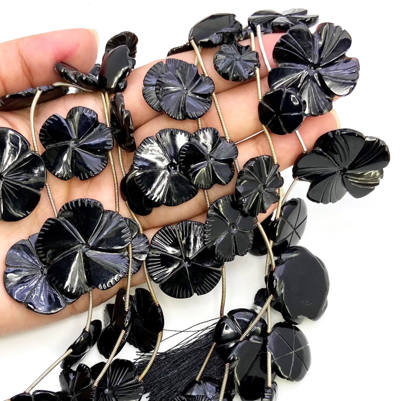 Black Onyx 10.5-29mm Carved Flower Shape AAA Grade Gemstone Beads Lot - Total 7 Strands of 4-11 Inch.