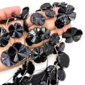 Black Onyx 10.5-29mm Carved Flower Shape AAA Grade Gemstone Beads Lot - Total 7 Strands of 4-11 Inch.