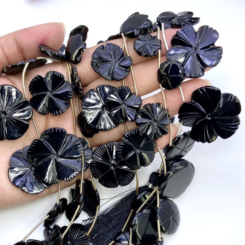 Black Onyx 10.5-29mm Carved Flower Shape AAA Grade Gemstone Beads Lot - Total 7 Strands of 4-11 Inch.