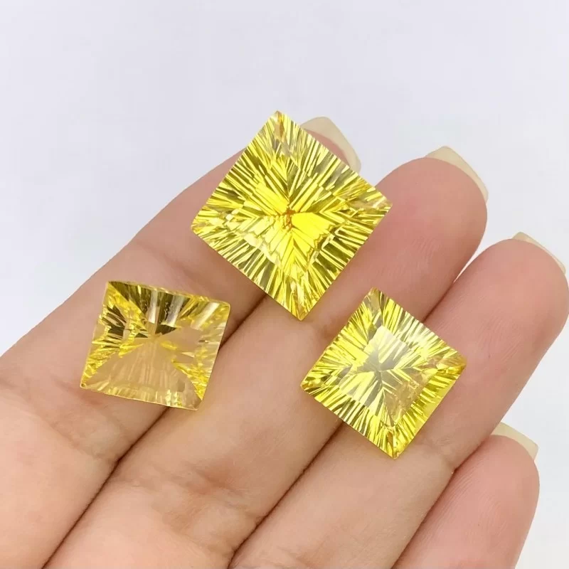  36.15 Cts. Lab Yellow Sapphire 12-14.5mm Concave Cut Square Shape AAA Grade Matched Gemstones Set - Total 3 Pcs.
