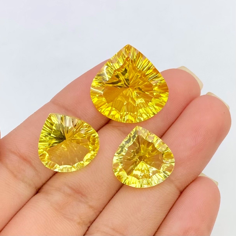  37.4 Cts. Lab Yellow Sapphire 14.5-17.5mm Concave Cut Heart Shape AAA Grade Matched Gemstones Set - Total 3 Pcs.