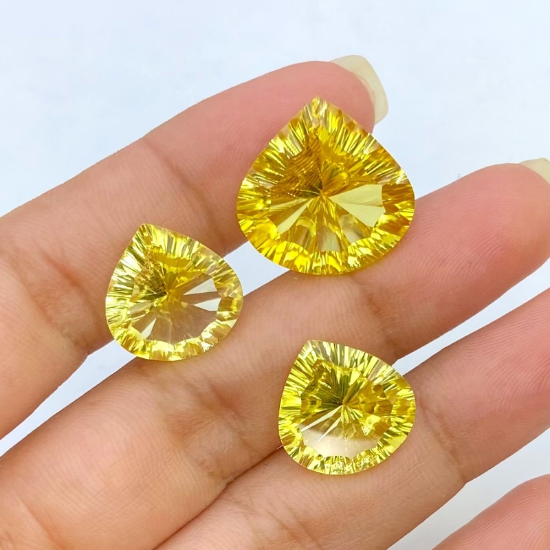  37.4 Cts. Lab Yellow Sapphire 14.5-17.5mm Concave Cut Heart Shape AAA Grade Matched Gemstones Set - Total 3 Pcs.
