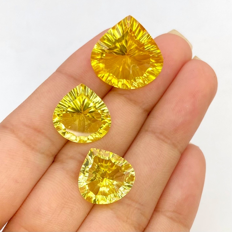  37.4 Cts. Lab Yellow Sapphire 14.5-17.5mm Concave Cut Heart Shape AAA Grade Matched Gemstones Set - Total 3 Pcs.