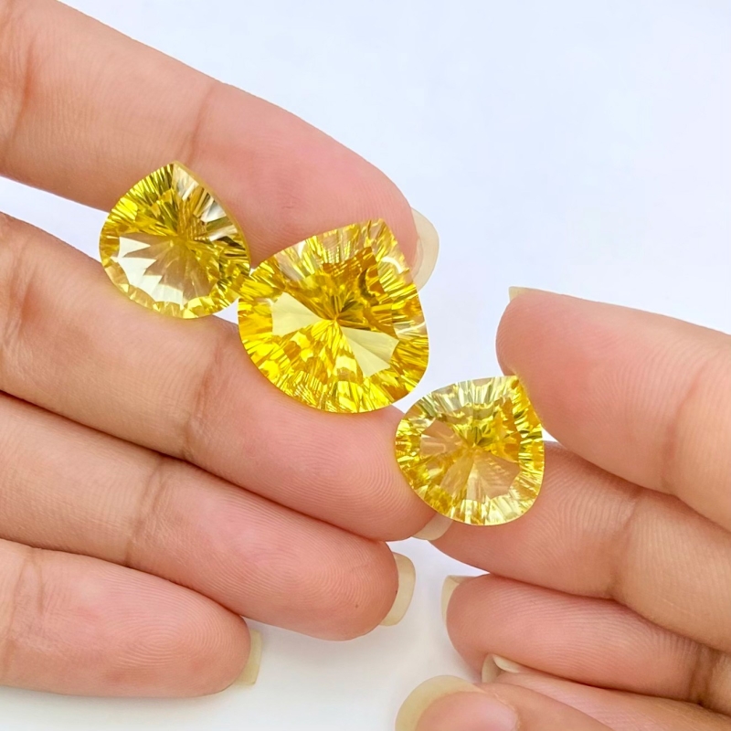  37.4 Cts. Lab Yellow Sapphire 14.5-17.5mm Concave Cut Heart Shape AAA Grade Matched Gemstones Set - Total 3 Pcs.
