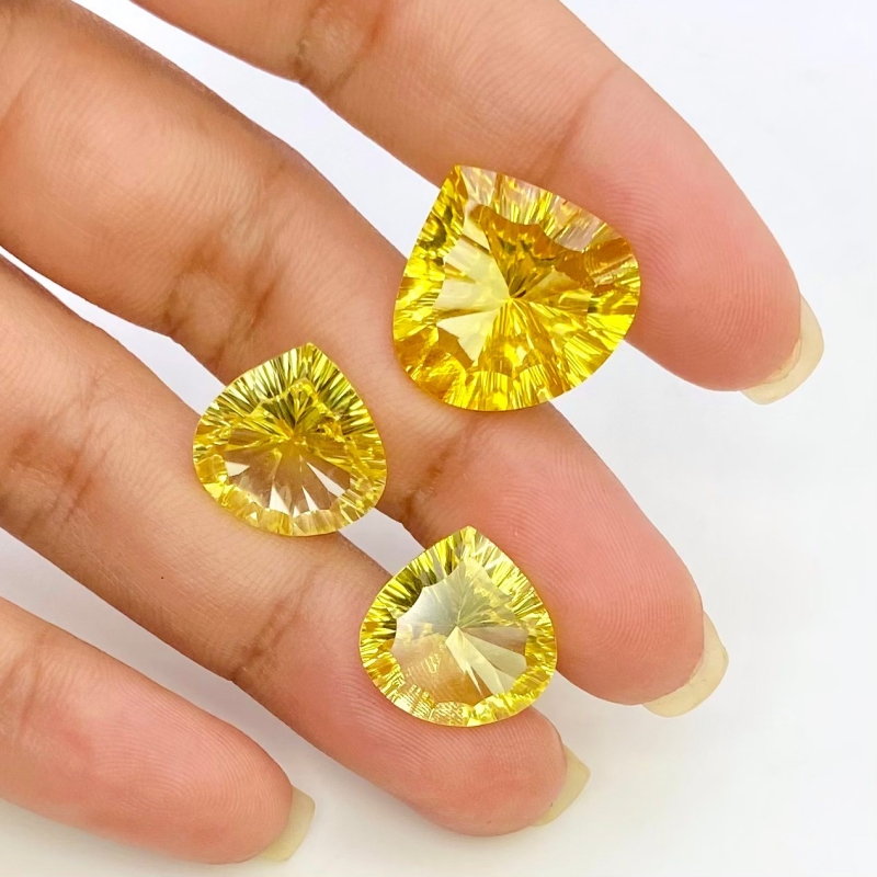  37.4 Cts. Lab Yellow Sapphire 14.5-17.5mm Concave Cut Heart Shape AAA Grade Matched Gemstones Set - Total 3 Pcs.