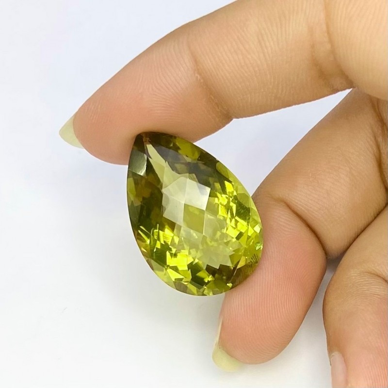  25.65 Cts. Olive Quartz 25x17mm Checkerboard Pear Shape AAA Grade Loose Gemstone - Total 1 Pc.