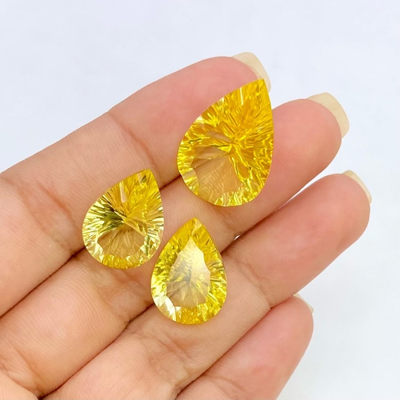  35.45 Cts. Lab Yellow Sapphire 20x14-17x12mm Concave Cut Pear Shape AAA Grade Matched Gemstones Set - Total 3 Pcs.