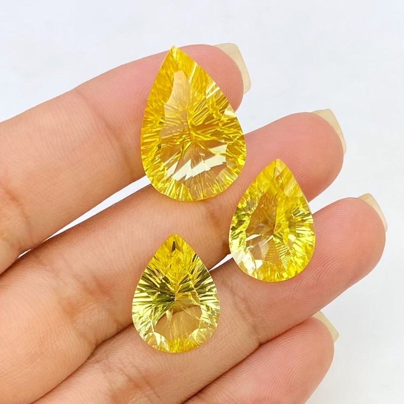 35.45 Cts. Lab Yellow Sapphire 20x14-17x12mm Concave Cut Pear Shape AAA Grade Matched Gemstones Set - Total 3 Pcs.