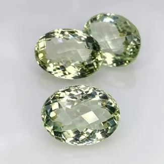 27.73 Carat Green Amethyst 15x11.5-16x12mm Checkerboard Oval Shape AA+ Grade Gemstones Parcel - Total 3 Pcs.