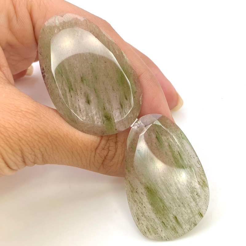 74.3 Carat Green Rutile 44x23mm Rose Cut Irregular Shape AA Grade Gemstones Parcel - Total 2 Pcs.