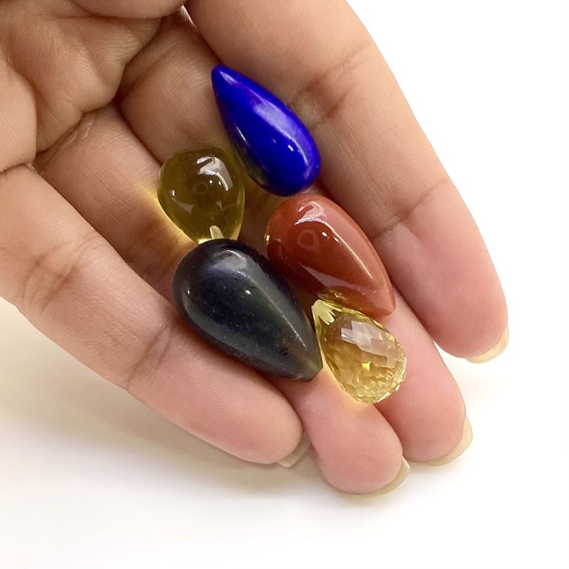  79 Carat Multi Stones 15x12-23x13.5mm Smooth Drop Shape AAA Grade Loose Gemstone Beads Lot - Total 5 Pcs.