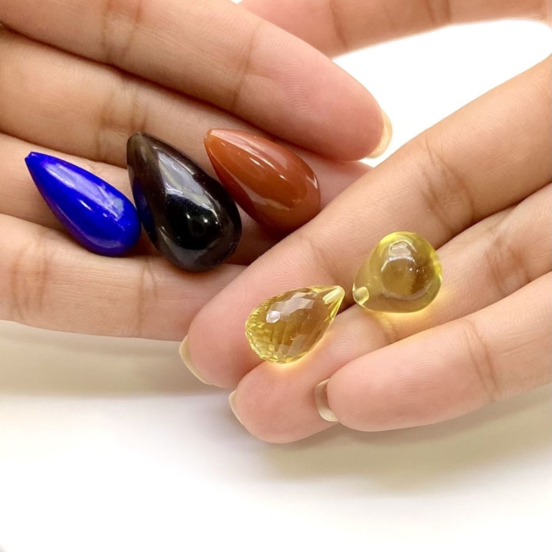  79 Carat Multi Stones 15x12-23x13.5mm Smooth Drop Shape AAA Grade Loose Gemstone Beads Lot - Total 5 Pcs.