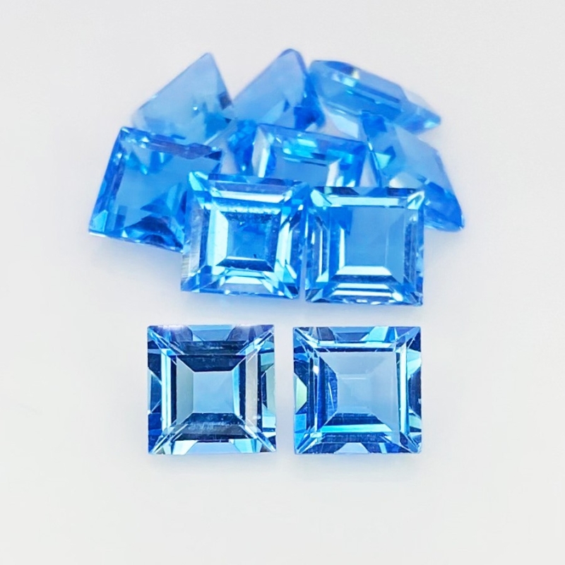 21 Cts. Swiss Blue Topaz 7mm Step Cut Square Shape AAA Grade Gemstones Parcel - Total 10 Pcs.