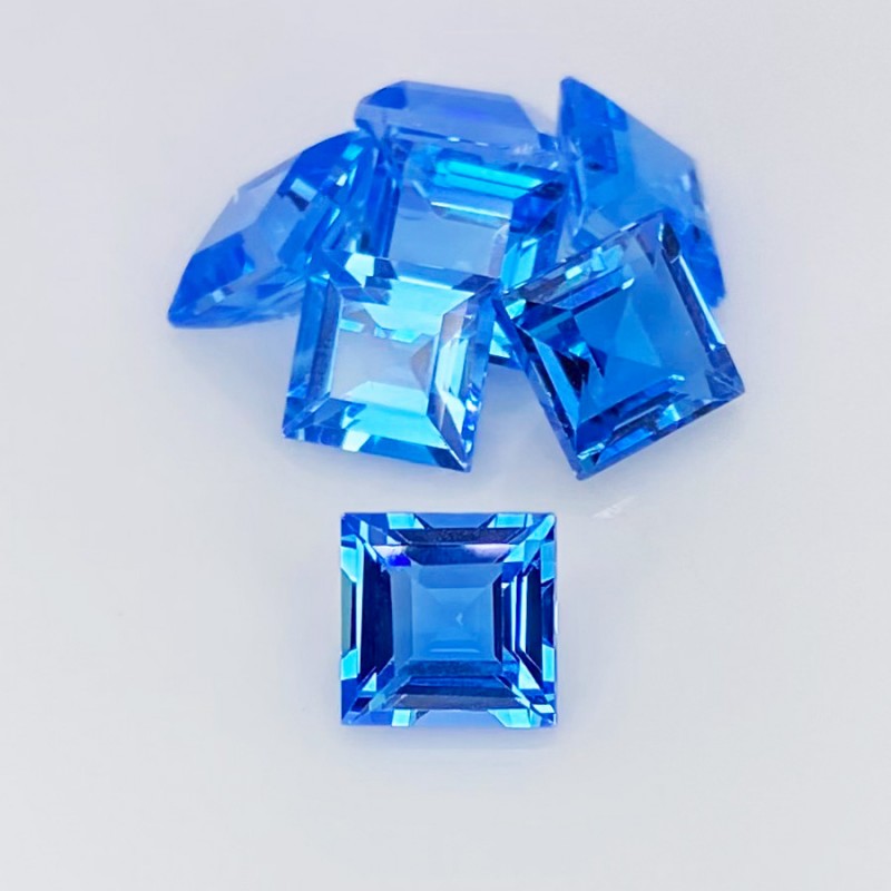15 Cts. Swiss Blue Topaz 7mm Step Cut Square Shape AAA Grade Gemstones Parcel - Total 7 Pcs.