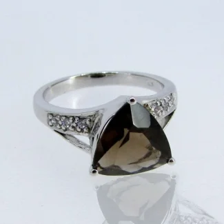 Smoky Quartz and Diamond White CZ 925 Sterling Silver Ring