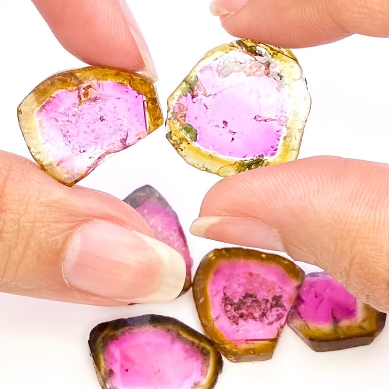 49 Cts. Watermelon Tourmaline 16-21mm Smooth Irregular Shape AA Grade Gemstones Parcel - Total 6 Pcs.