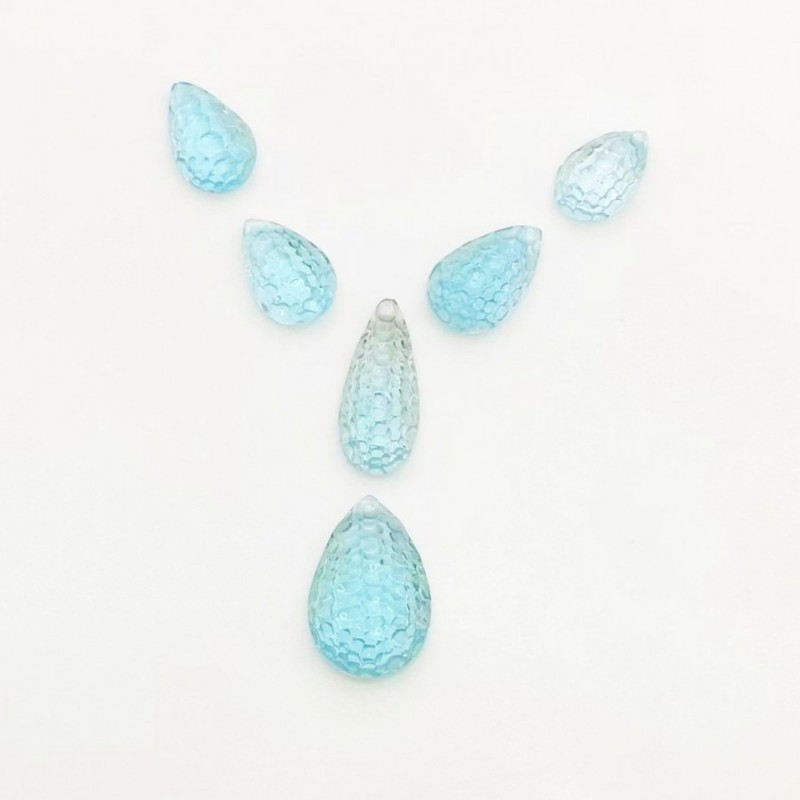 47.35 Cts. Sky Blue Topaz 13.5x9-21x14mm Carved Pear Shape AA+ Grade Gemstone Beads Layout - Total 6 Pcs.