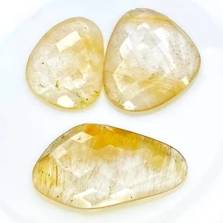 112.9 Carat Golden Rutile 23x35-25x10mm Checkerboard Irregular Shape AA Grade Cabochons Parcel - Total 3 Pcs.