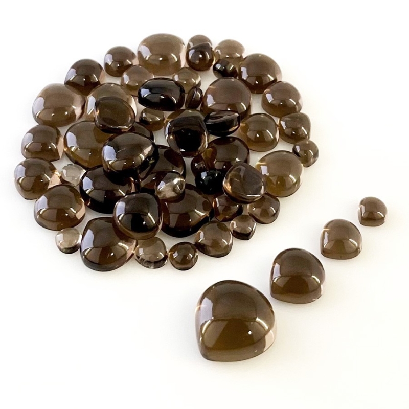 105.10 Carat Smoky Quartz 4-14mm Smooth Heart Shape AAA Grade Cabochons Parcel - Total 55 Pcs.