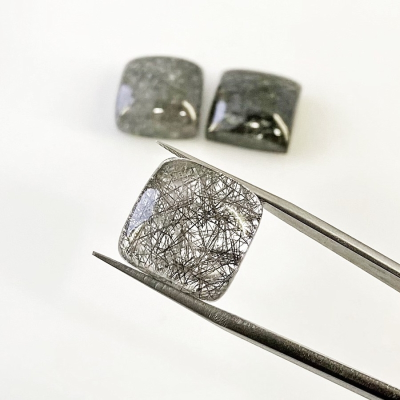56.9 Carat Black Rutile 15mm Smooth Square Cushion Shape AA+ Grade Cabochons Parcel - Total 3 Pcs.