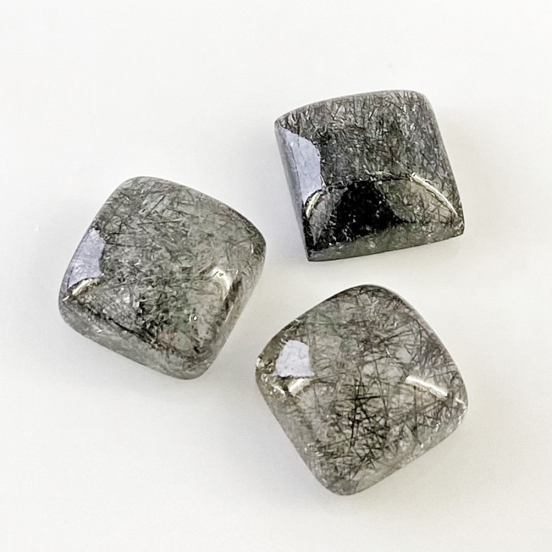 56.9 Carat Black Rutile 15mm Smooth Square Cushion Shape AA+ Grade Cabochons Parcel - Total 3 Pcs.