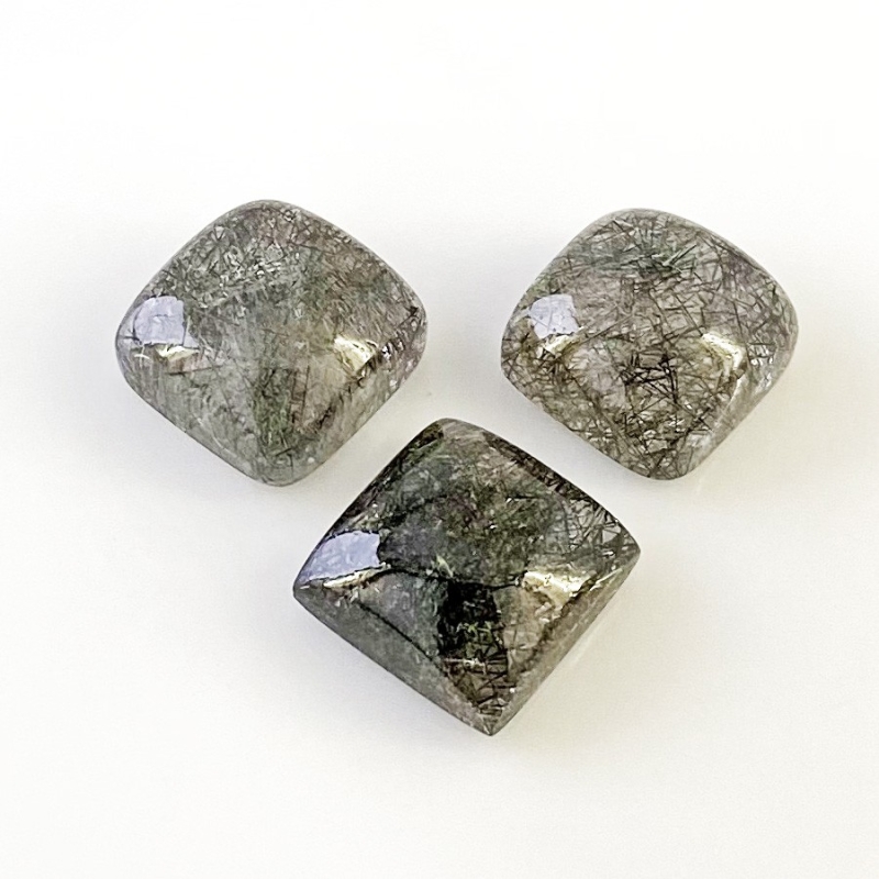 56.9 Carat Black Rutile 15mm Smooth Square Cushion Shape AA+ Grade Cabochons Parcel - Total 3 Pcs.