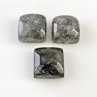 56.9 Carat Black Rutile 15mm Smooth Square Cushion Shape AA+ Grade Cabochons Parcel - Total 3 Pcs.