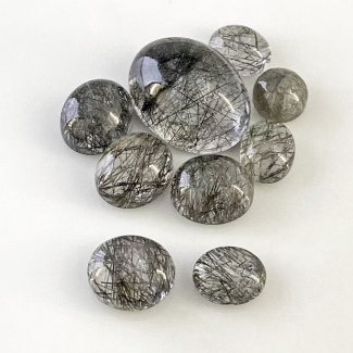 57.3 Carat Black Rutile 10x8-20x15mm Smooth Oval Shape AA Grade Cabochons Parcel - Total 9 Pcs.