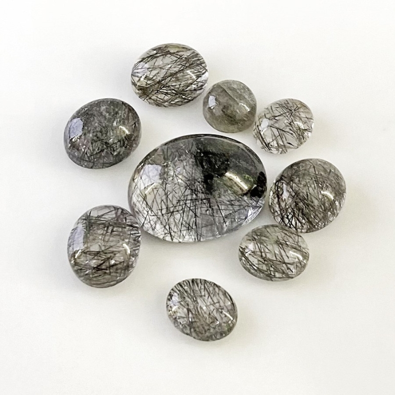 57.3 Carat Black Rutile 10x8-20x15mm Smooth Oval Shape AA Grade Cabochons Parcel - Total 9 Pcs.