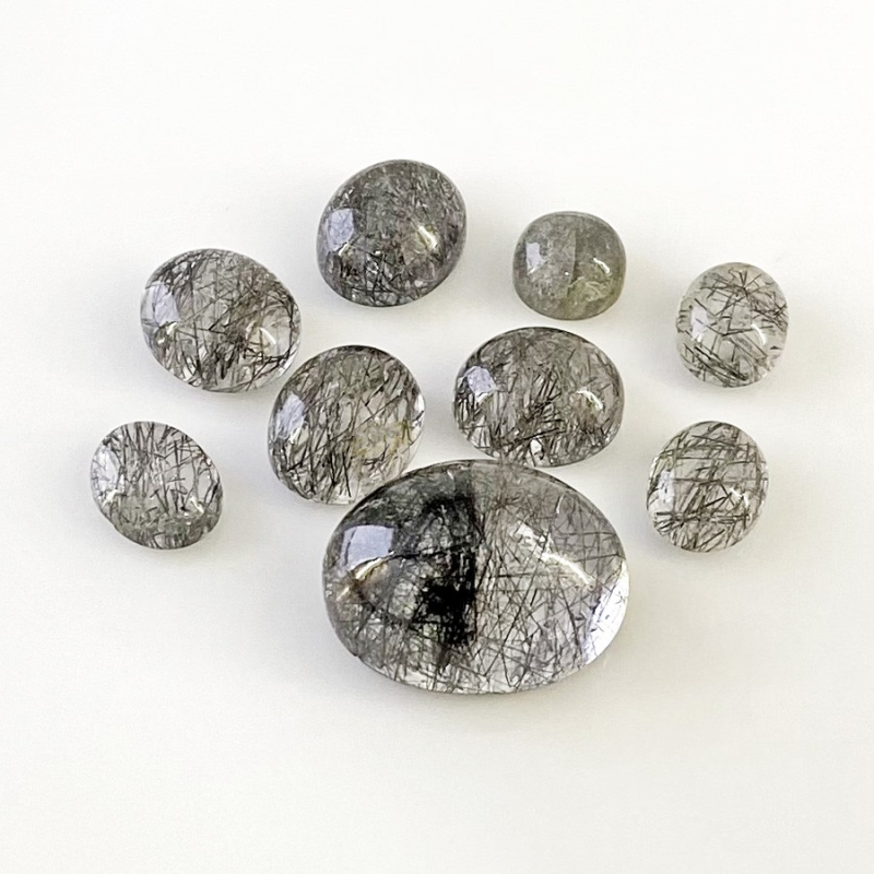 57.3 Carat Black Rutile 10x8-20x15mm Smooth Oval Shape AA Grade Cabochons Parcel - Total 9 Pcs.