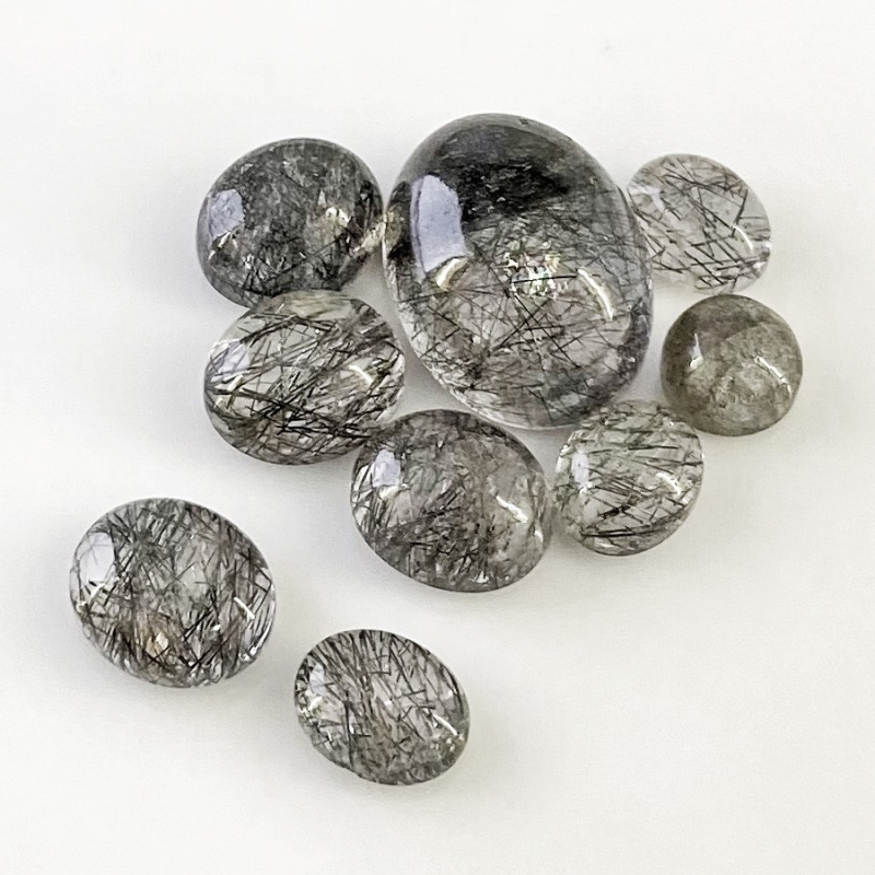 57.3 Carat Black Rutile 10x8-20x15mm Smooth Oval Shape AA Grade Cabochons Parcel - Total 9 Pcs.
