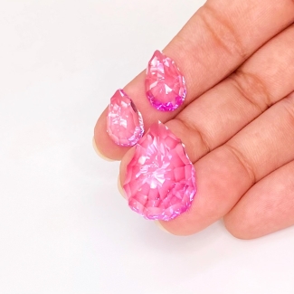  38.75 Carat Lab Pink Sapphire 22x16-13.5x9mm Concave Cut Pear Shape AAA Grade Matched Cabochons Set - Total 3 Pcs.