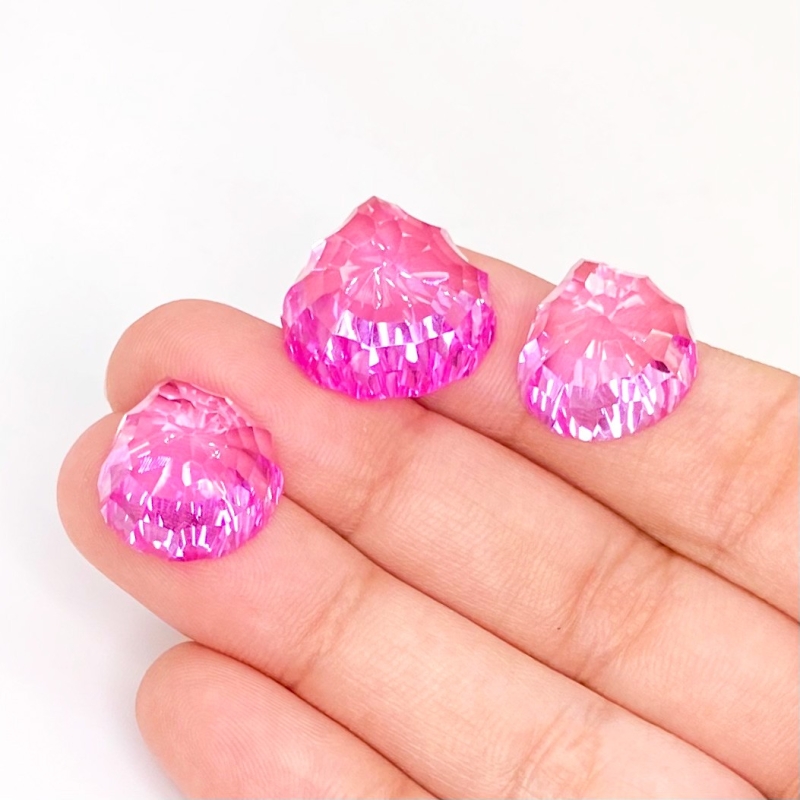  51.50 Carat Lab Pink Sapphire 15-18mm Concave Cut Heart Shape AAA Grade Matched Cabochons Set - Total 3 Pcs.