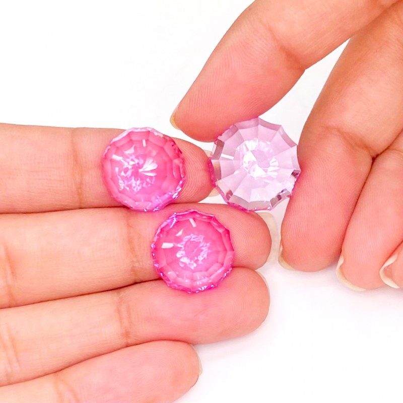  46.15 Carat Lab Pink Sapphire 13.5-16mm Concave Cut Round Shape AAA Grade Matched Cabochons Set - Total 3 Pcs.
