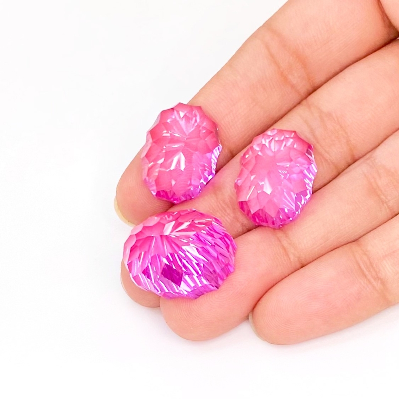  88.45 Carat Lab Pink Sapphire 18x14-20x16mm Concave Cut Oval Shape AAA Grade Matched Cabochons Set - Total 3 Pcs.
