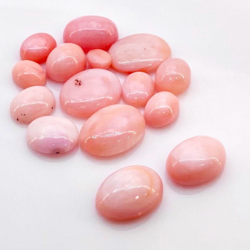 54.20 Cts. Pink Opal 6.5x5-16x12mm Smooth Oval Shape A Grade Cabochons Parcel - Total 15 Pcs.