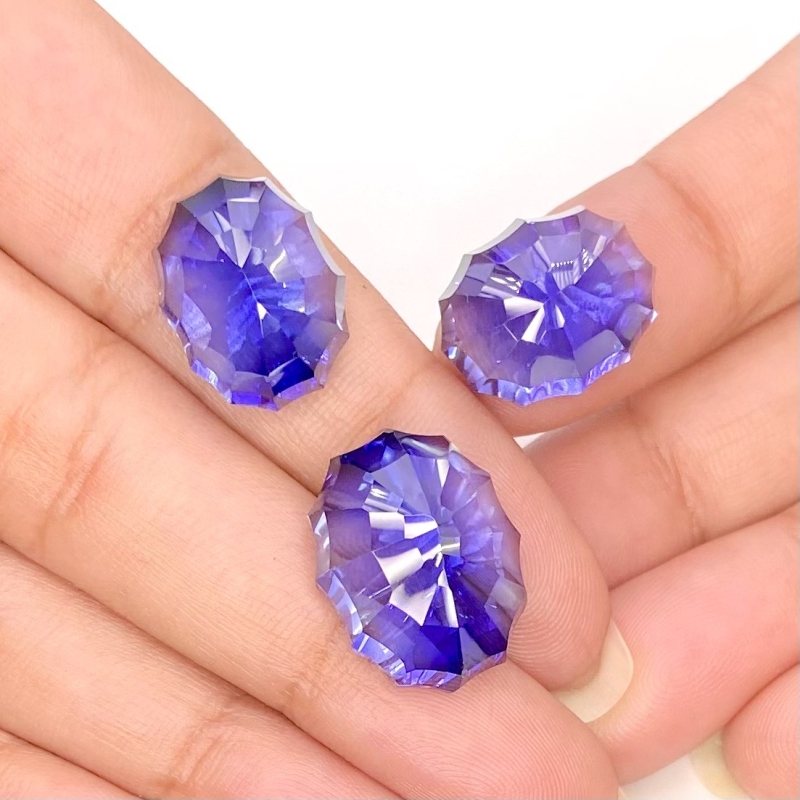  60.35 Carat Lab Blue Sapphire 18.5x14-16x12mm Concave Cut Oval Shape AAA Grade Matched Cabochons Set - Total 3 Pcs.