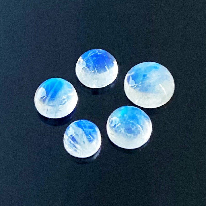 37.45 Cts. Rainbow Moonstone 10-14mm Smooth Round Shape AA+ Grade Cabochons Parcel - Total 5 Pcs.
