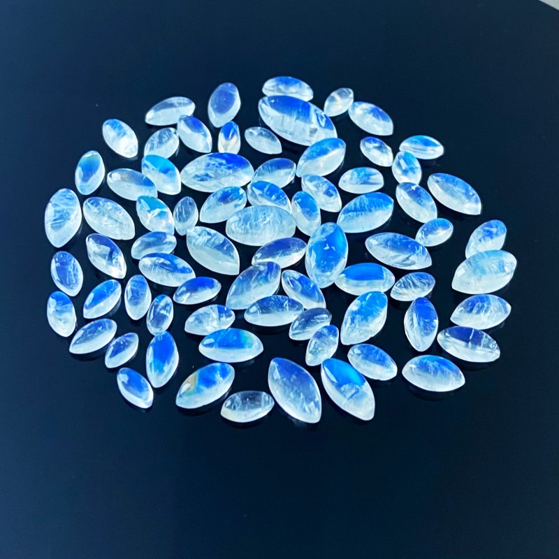 112.05 Cts. Rainbow Moonstone 7x3 - 18x9mm Smooth Marquise Shape AAA Grade Cabochons Parcel - Total 72 Pcs.