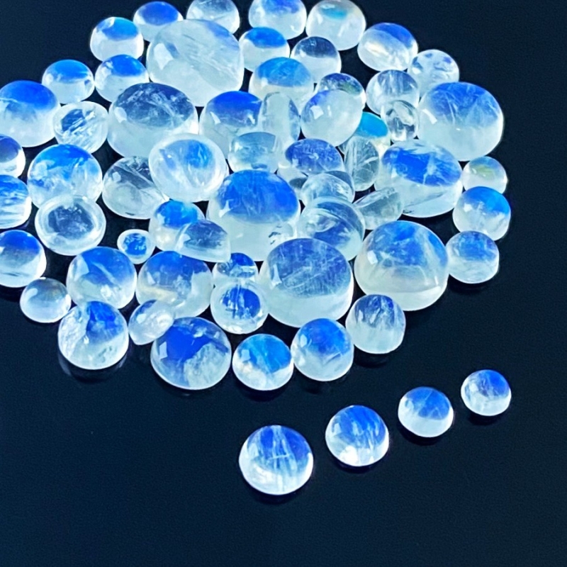 103.40 Cts. Rainbow Moonstone 3.5-11mm Smooth Round Shape AAA Grade Cabochons Parcel - Total 63 Pcs.