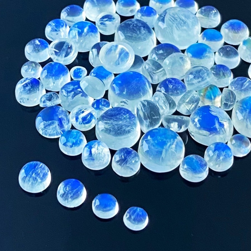 103.40 Cts. Rainbow Moonstone 3.5-11mm Smooth Round Shape AAA Grade Cabochons Parcel - Total 63 Pcs.
