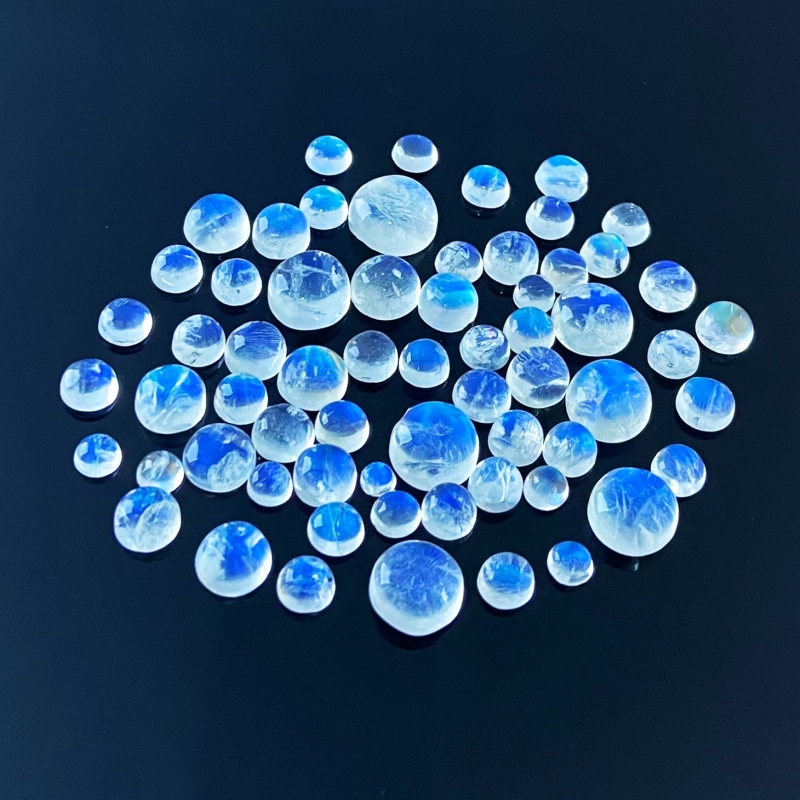 103.40 Cts. Rainbow Moonstone 3.5-11mm Smooth Round Shape AAA Grade Cabochons Parcel - Total 63 Pcs.