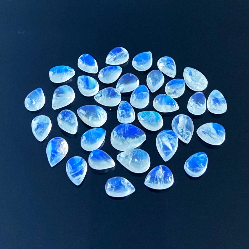 91.15 Cts. Rainbow Moonstone 9.5x6-12.5x9mm Smooth Pear Shape AAA Grade Cabochons Parcel - Total 35 Pcs.