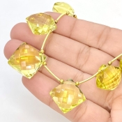 Lemon Quartz 12.5-15.5mm Briolette Square Shape AAA+ Grade Gemstone Beads Layout - Total 1 Strand of 9 Inch.